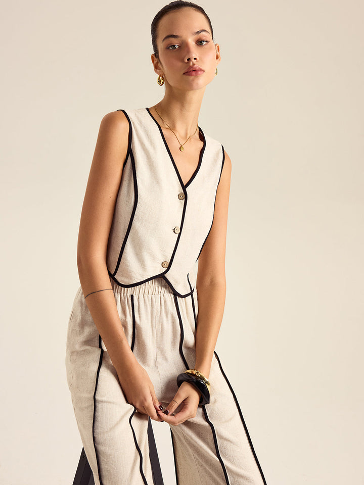 Linen & Cotton Striped Pants Set With Elastic Waist