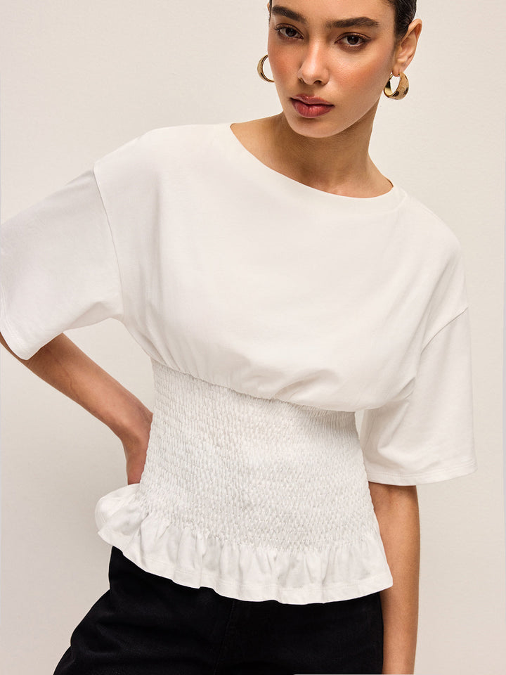 Cotton Smocked Waist Ruffle Hem Top
