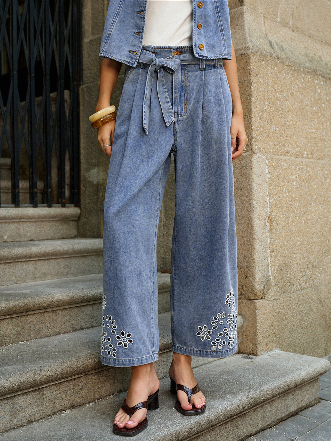 Denim Embroidery Tie-Waist Pants