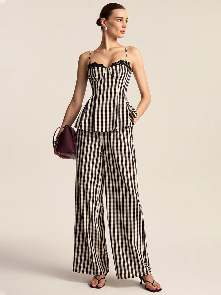 Gingham Spaghetti Strap Peplum Top with Lace Trim