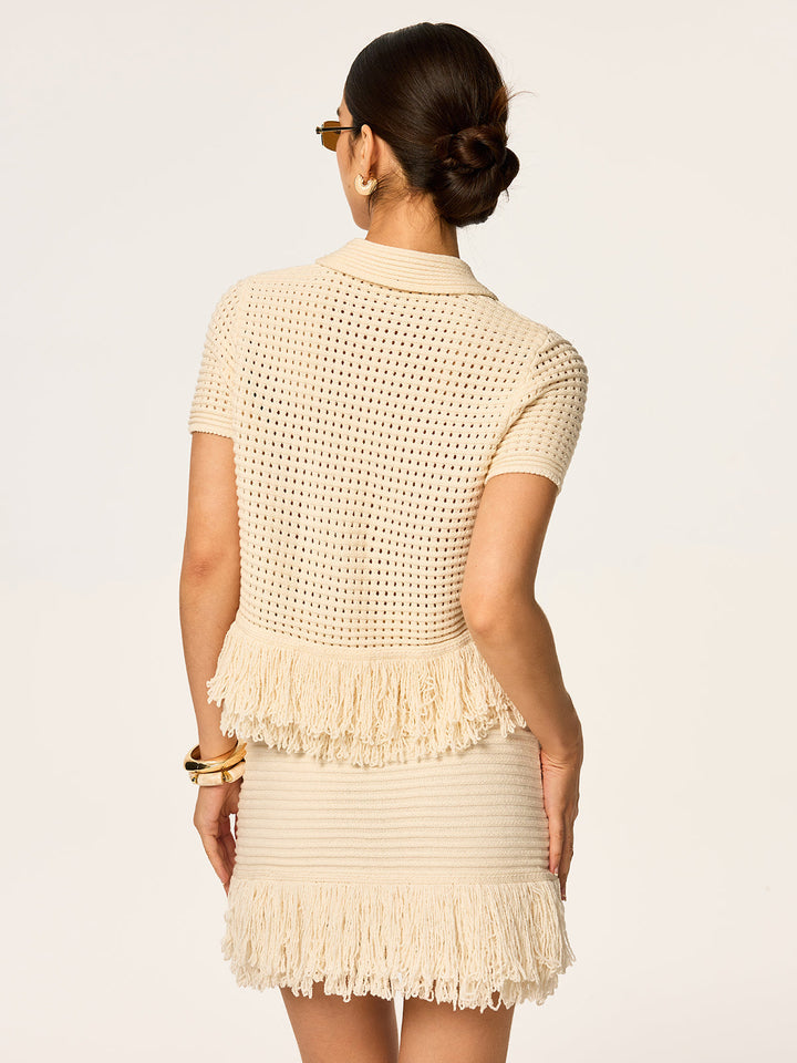 Fringed Mesh-Knit Polo Short Sleeve Top