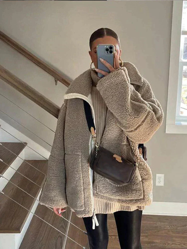 Gwyneira - Manteau teddy oversize pour femmes avec fermeture éclair